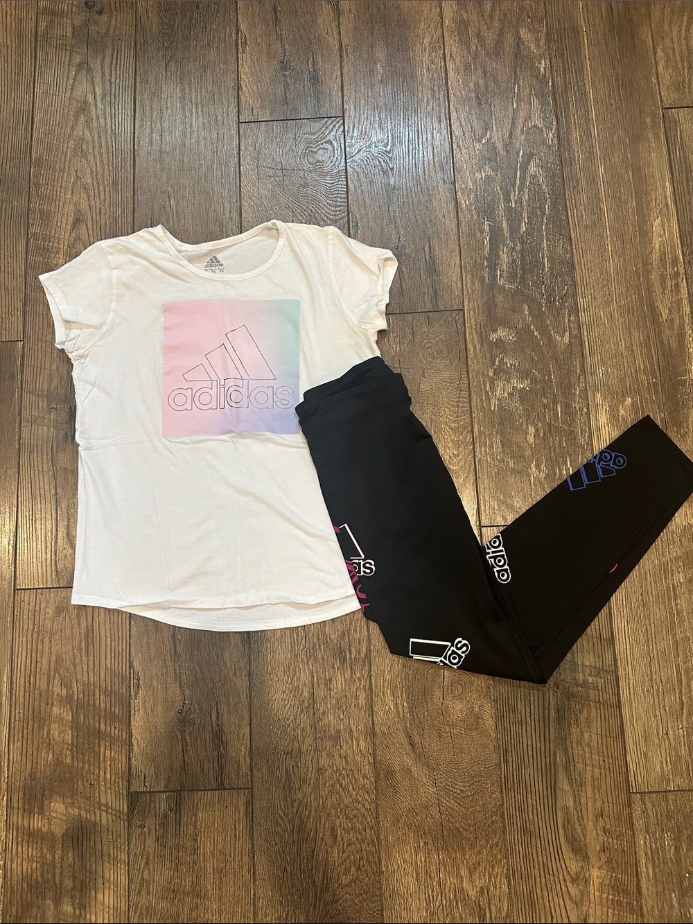 Adidas White Tee and Black Leggings Set with Pastel Logo